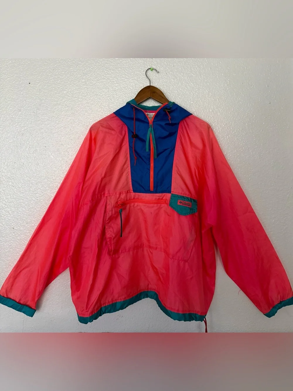 Columbia Retro 80s Pullover Windbreaker Neon Color Block Hooded Jacket Men’s L